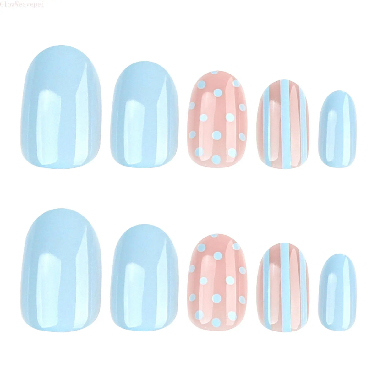 Women's 24pcs Pastel Blue Press-On Nails, Short Round Shape with Stripes & Polka Dots Design, Fake Nails for Daily Wear & Holiday Gift, Clean Girl Coquette Summer Aesthetic Fashion Accessory Set,sohochic