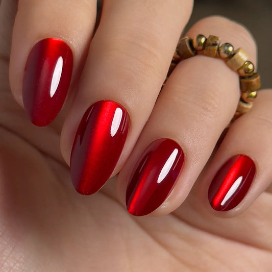 Red Eclipse Press On Nails | CurvLife Nail | 30pcs Medium Almond Fake Nails | Glossy Finish with Metallic Red Shimmer & Deep Hue | Easy to Apply, Comfortable & Long-Lasting | Great for Evening Events, Parties, Romantic Dinners & Special Occasions
