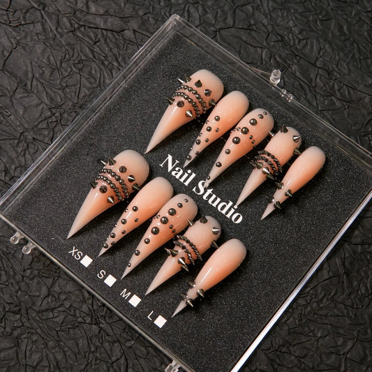 Handmade Luxury Nude Long Stiletto Press On Nails – Black Rhinestone & Metal Stud Embellished Fake Nails, Gothic Dark Y2K Nail Art Design, Reusable Gel Nail Tips, Trendy Statement Manicure Set for Women,sohochic