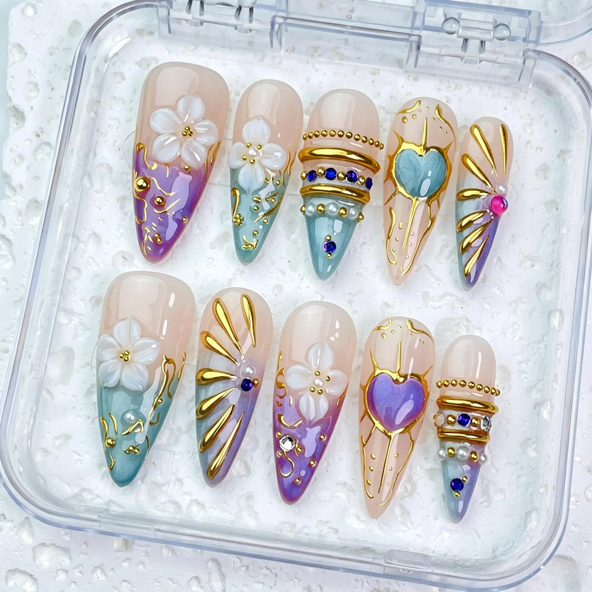 DivelleNails Handmade Press On Nails Collection 10pcs,Stiletto Nude Pink Gradient Nails,3D White Flower Gold Bangle Accent Blue Purple Heart Rhinestone,Reusable Acrylic False Nails