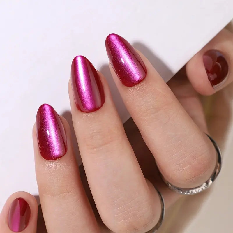 Red Eclipse Press On Nails | CurvLife Nail | 30pcs Medium Almond Fake Nails | Glossy Finish with Metallic Red Shimmer & Deep Hue | Easy to Apply, Comfortable & Long-Lasting | Great for Evening Events, Parties, Romantic Dinners & Special Occasions