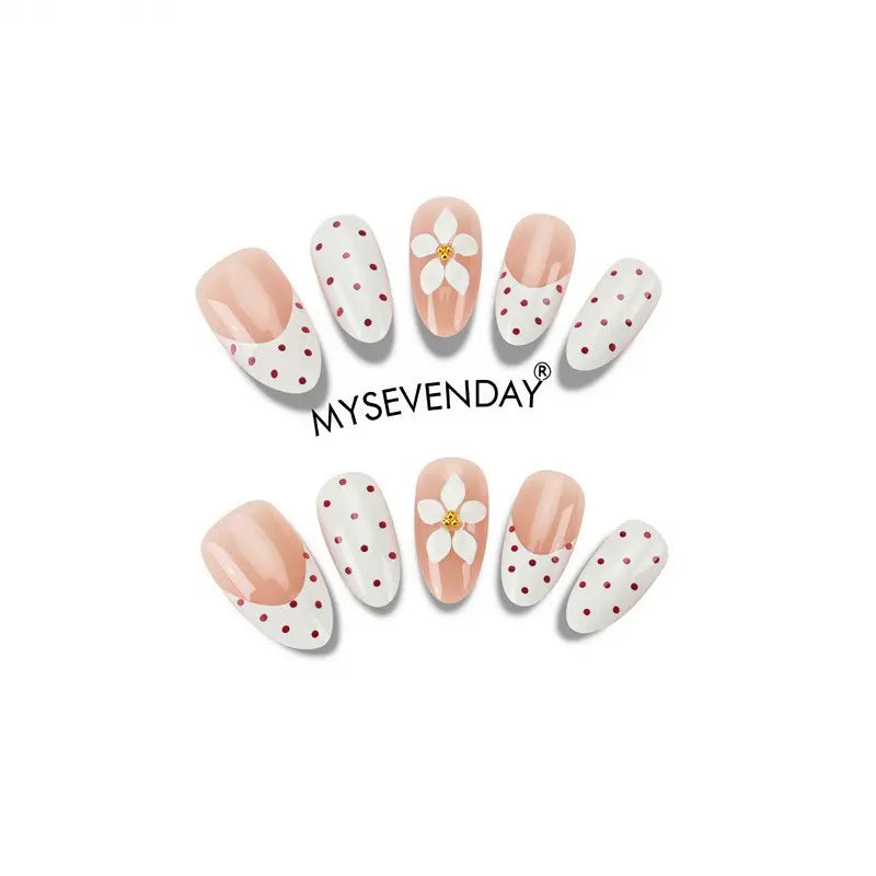 Salon-Quality Almond Fake Nails 30pcs, Polka Dot French Tip, 3D Flower Design, Reusable, Easy Application, No Nail Salon Needed for Women