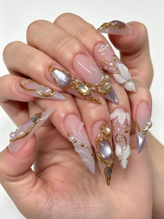 Luxury Gold Press-On Nails | Pearl Accents & 3D Floral Baroque Design