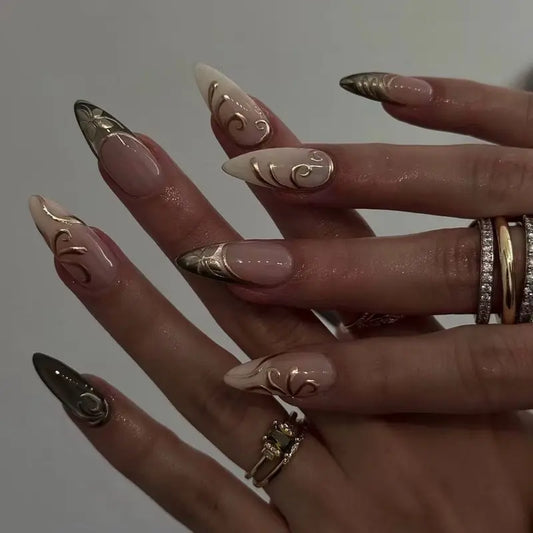 SHEDARES Elegant Swirl – Handmade Press-On Nails with Sculpted Gold Swirls & Sage Chrome Accents – Perfect for Weddings, Office Chic & Timeless Luxury