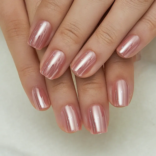 CurvLife Chrome & Short Squoval Press-On Nails Collection – 30PCS, Glossy Metallic Shine, Reusable Everyday Salon-Look Nails