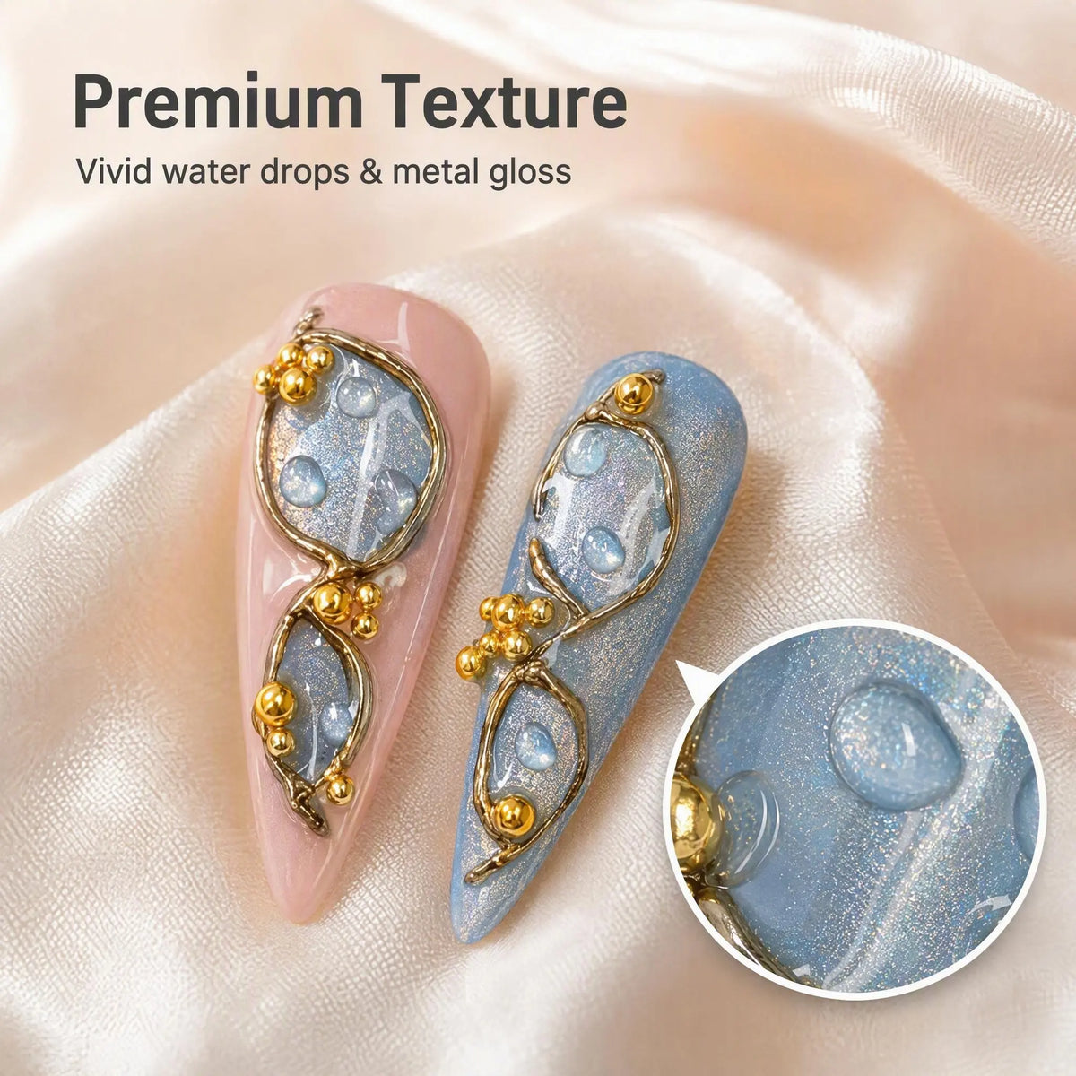 Angelcore Inspired Luxury Nail Art, Soft Pink Base with Ice Blue Chrome Effect, Gold Metal Details, Floral Texture and Elegant Minimal Design for Wedding Season, Fashion Events and Chic Everyday Looks