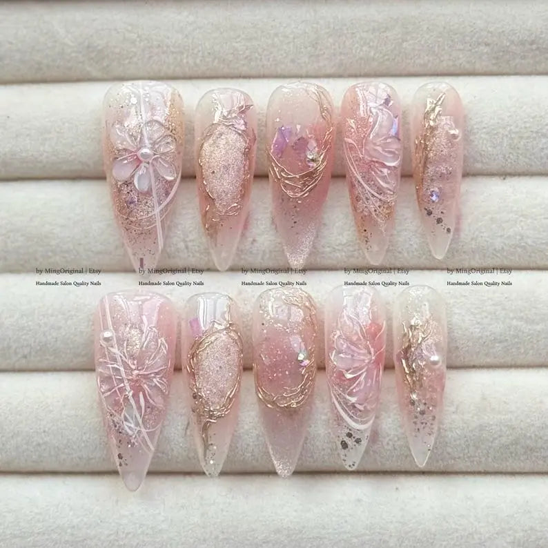 Luxury Blush Pink Floral Press On Nails Long Stiletto  Handmade 3D Flower, Gold Chrome & Glitter Ombre False Nails  Reusable Acrylic Nail Set for Wedding, Bridal & Prom