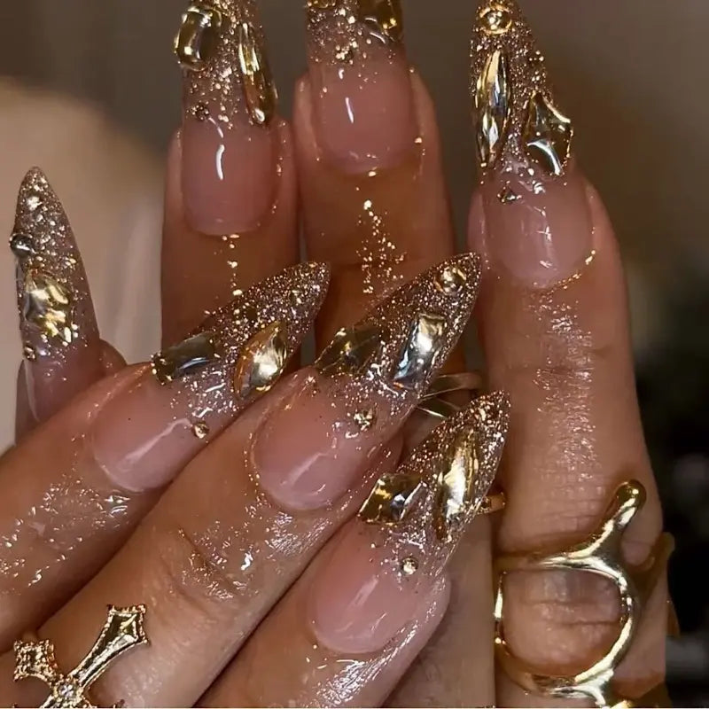 SHEDARES Golden Glitter – Luxury Nude Press-On Nails with Gold Glitter & Metallic Gems – Perfect for Weddings, Parties & Elegant Glam Nights