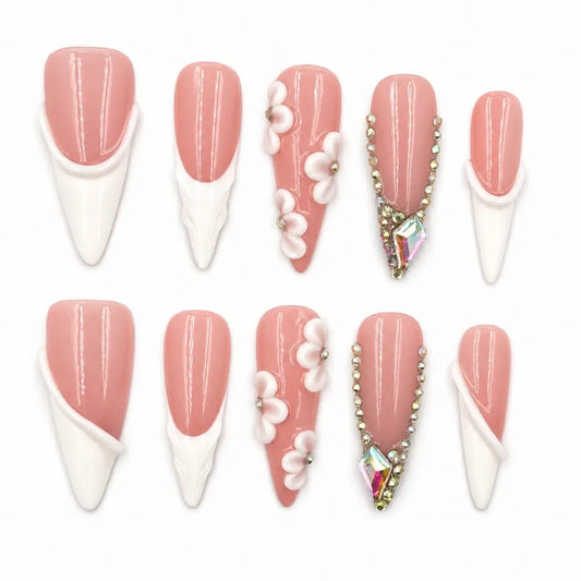 Get a Luxe Bridal Manicure, 10pcs Long Stiletto Peach Pink and White French Tip Nails, 3D White Flowers, Pleated Shell Texture and Crystal Frame, Glossy Reusable Handmade Press On Nails, Acrylic Fake Nails for Women, Weddings, Prom & Parties