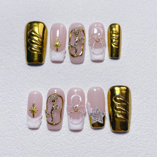Luxury Gold Chrome Nail Art Design with Soft Pink Base, 3D Floral Details, Pearl Jewelry Accents and Elegant Vintage Style, Minimalist Glam Look for Wedding, Party, Date Night and Everyday Fashion