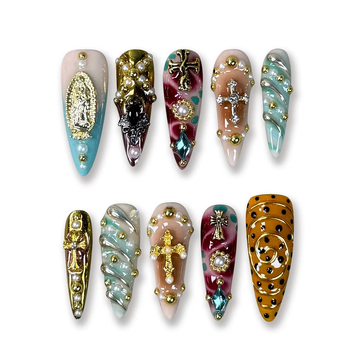 Pressmeon Handmade Press-on Nails | Holy Glory | Long Stiletto Shape Collection | 3D Luxury Salon Quality | Reusable & Extra Durable | Eco Package