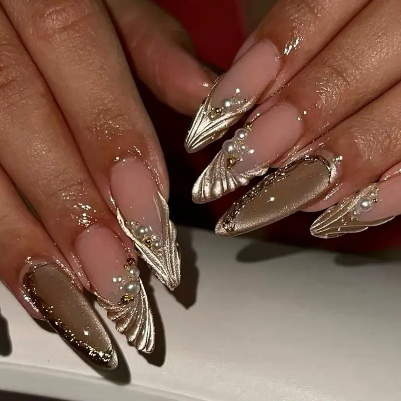 SHEDARES Pearl Cat-Eye Wings – Handmade Gold 3D Press-On Nails with Pearls & Metallic Sculpted Details  – Perfect for Glam Nights & Holiday Parties