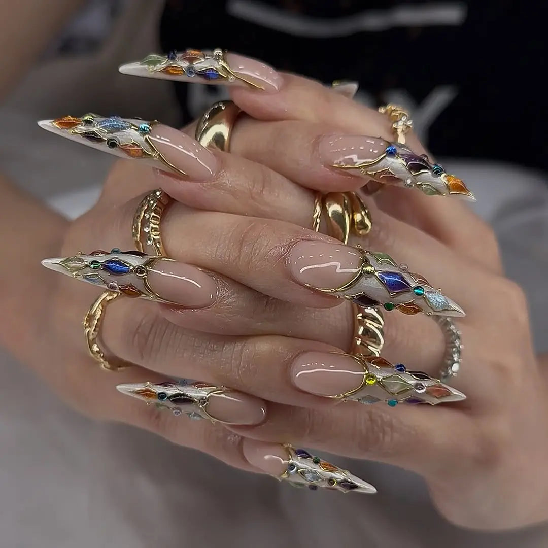 Crystal Armor Stiletto Press On Nails  Luxury Multicolor Gem Pointed False Nails