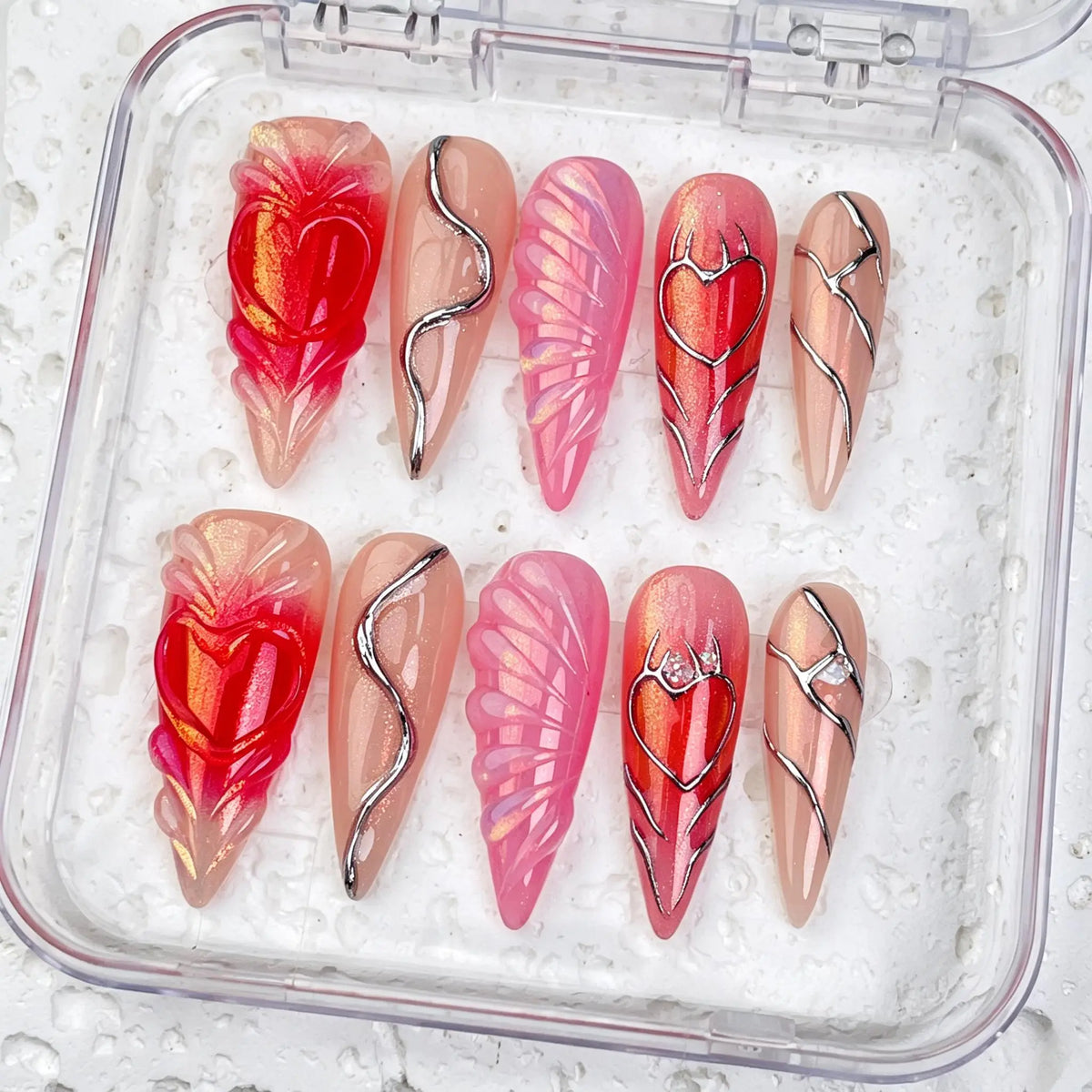 DivelleNails Handmade Press On Nails Collection 10pcs,Stiletto Nude Pink Gradient Nails,3D White Flower Gold Bangle Accent Blue Purple Heart Rhinestone,Reusable Acrylic False Nails