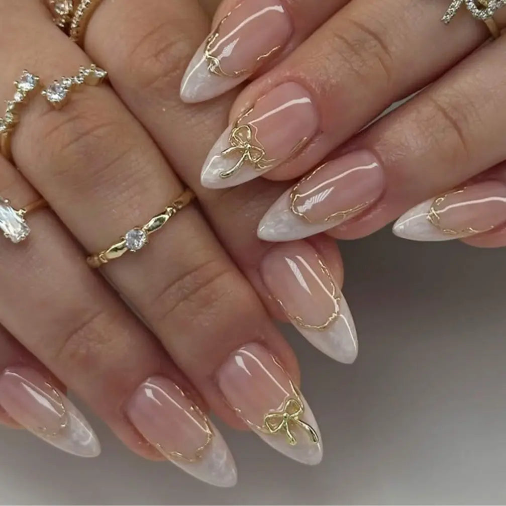 CurvLife Luxury Art Press-On Nails Collection – 30PCS Long Almond Styles, Intricate French Tips, Metallic Lines, Gem Accents and Elegant Statement Designs, Reusable Salon-Quality Nails for Special Occasions, Parties and Refined Everyday Glam