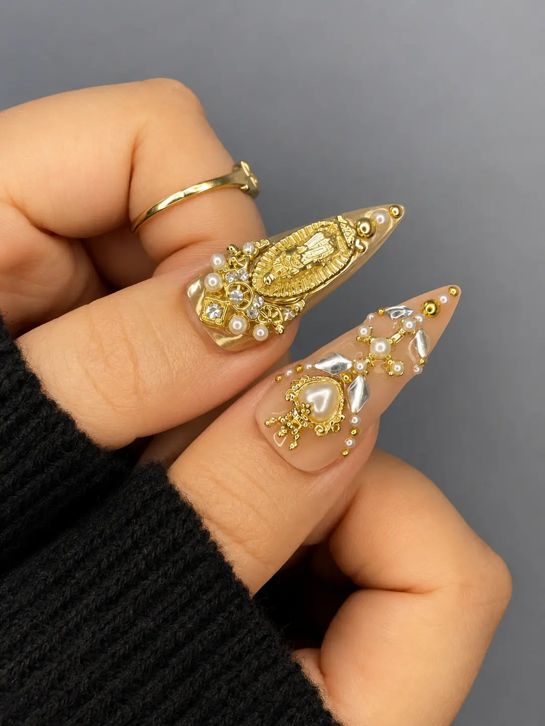 Freestyle Luxury Baroque Gold 3D Press On Nails with Cross Pearl Gem Design, Long Almond Handmade Gothic Nail Art Set For Party , Birthday