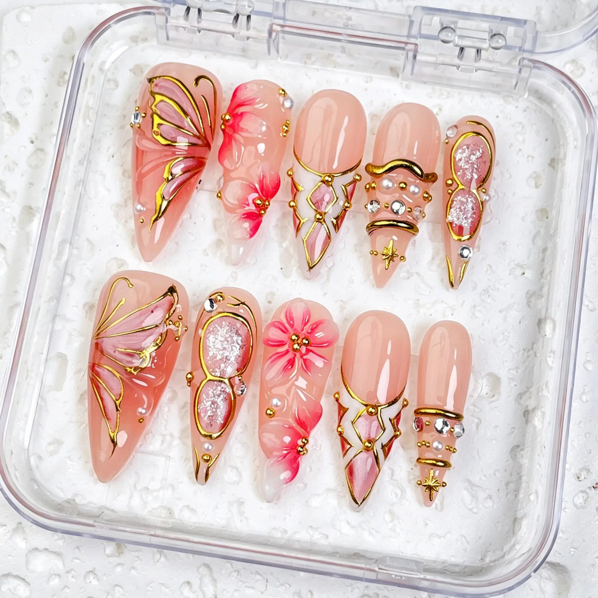 DivelleNails Handmade Press On Nails Collection 10pcs,Stiletto Nude Pink Gradient Nails,3D White Flower Gold Bangle Accent Blue Purple Heart Rhinestone,Reusable Acrylic False Nails