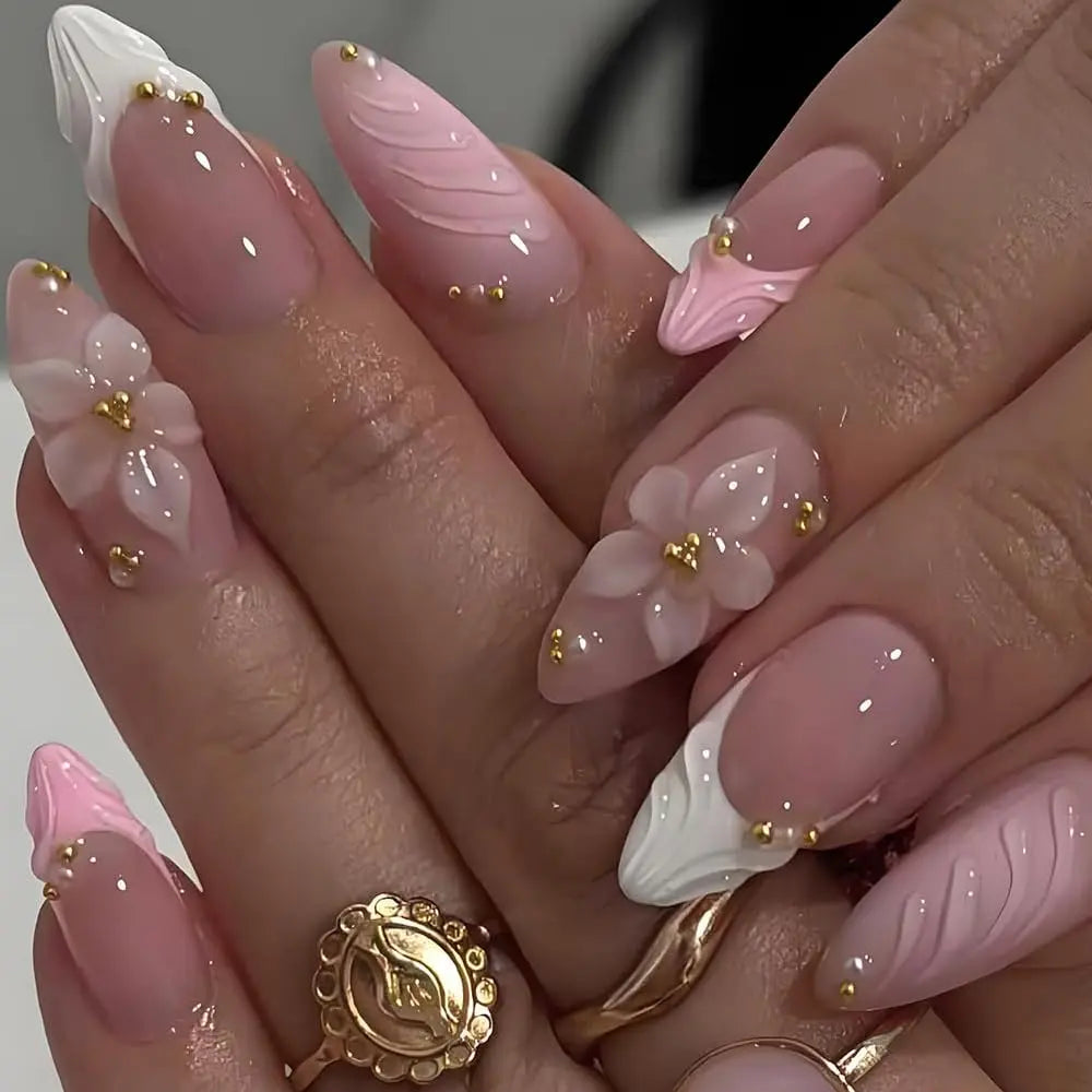 3D Pink Press on Nails Almond - Medium French Tip Fake Nails with Embossed Flower&Gold Bead Designs, Glossy Finish Reusable False Nails with Glue Tabs - 24Pcs Nail Kit for Women Manicure