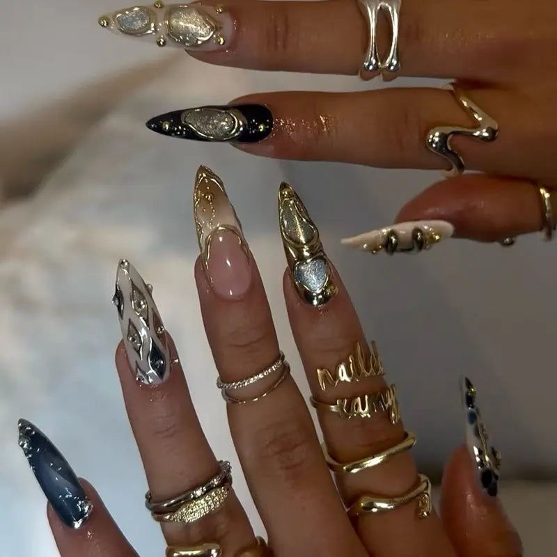 SHEDARES Metallic Chrome – Luxury Press-On Nails with Crystals, Pearlescent Shine & Sculpted Metal Art – Perfect for Night Out & Special Events
