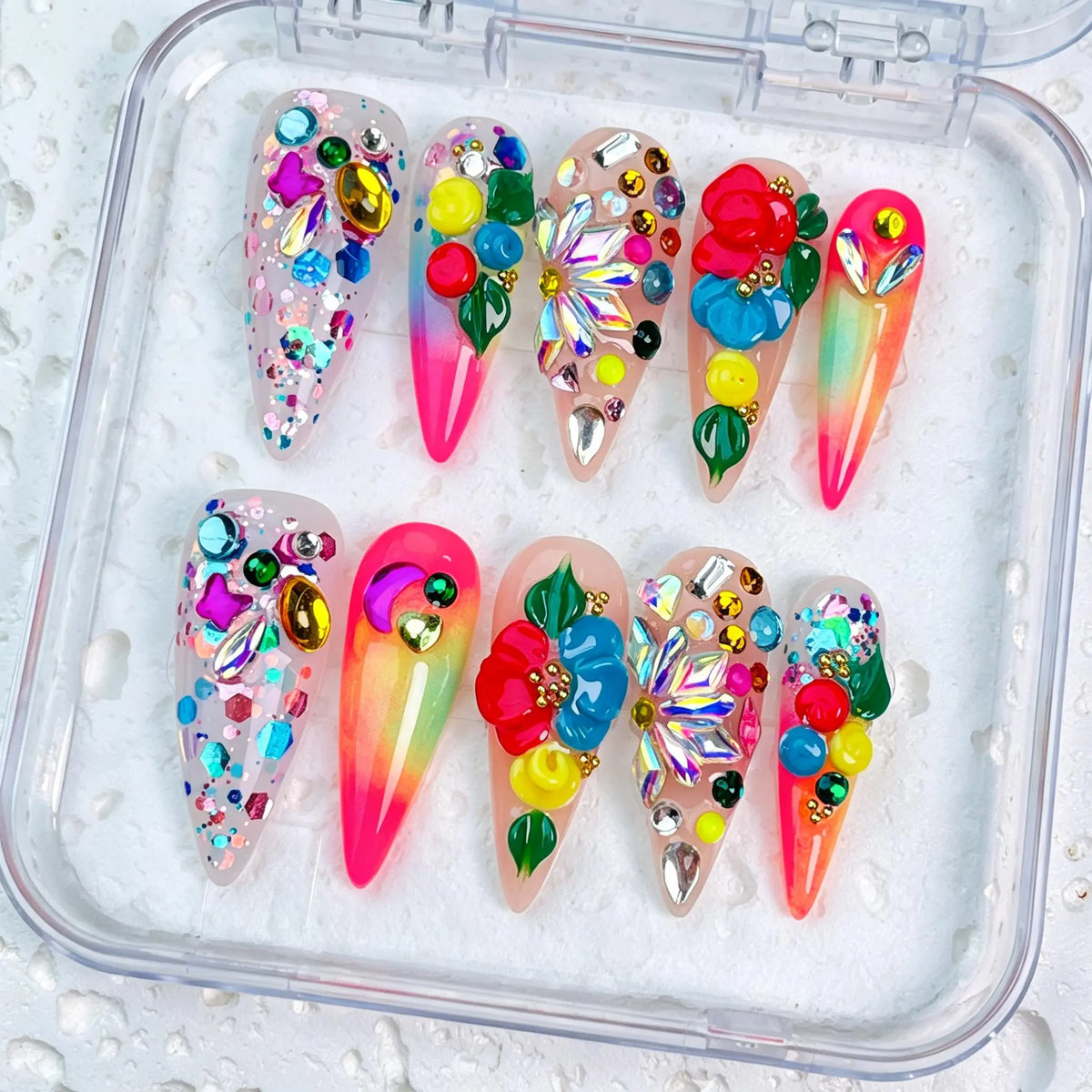 DivelleNails Handmade Press On Nails Collection 10pcs,Stiletto Nude Pink Gradient Nails,3D White Flower Gold Bangle Accent Blue Purple Heart Rhinestone,Reusable Acrylic False Nails
