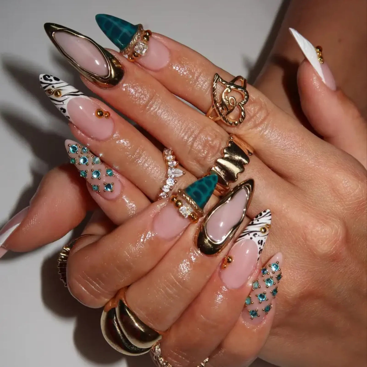 Turquoise Gold Luxury Stiletto Nails, 3D Rhinestone Press On Nails, Zebra French Tip & Teal Crocodile Nail Art, Glam Y2K Statement Manicure