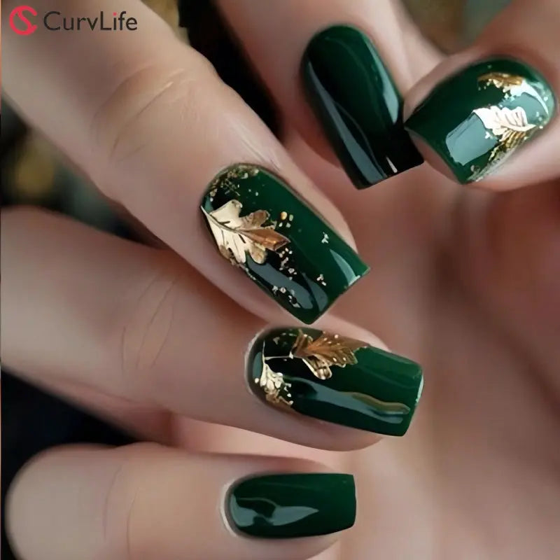 Gilded Blooms Press On Nails | CurvLife Nail | 30pcs Medium Coffin Fake Nails | Glossy Finish with Golden Floral Accents & Radiant Shine | Easy to Apply, Comfortable & Long-Lasting | Ideal for Daily Commutes, Business Meetings, Banquets & Formal Events