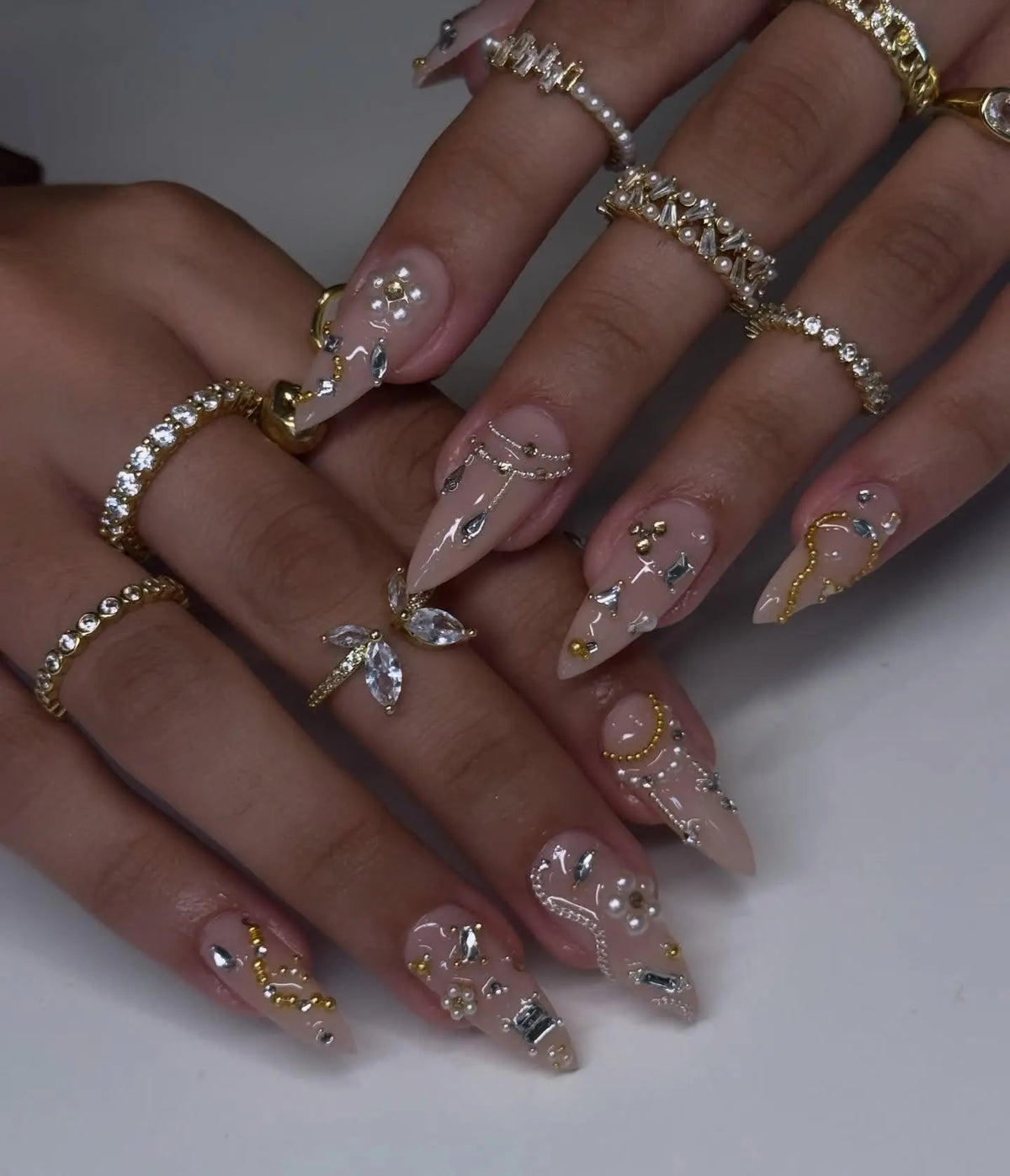 Handmade Pearl & Gold Drip Luxury Stiletto Press On Nails | Elegant Bridal White Pearl Fake Nails | 3D Crystal Wedding, Event Nail Gems