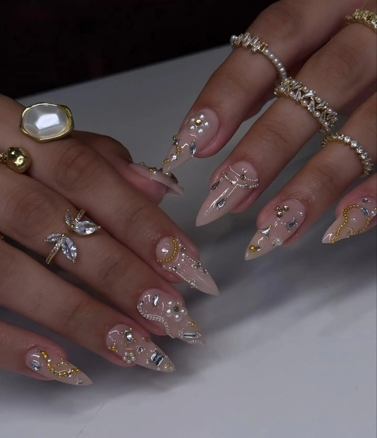 Handmade Pearl & Gold Drip Luxury Stiletto Press On Nails | Elegant Bridal White Pearl Fake Nails | 3D Crystal Wedding, Event Nail Gems