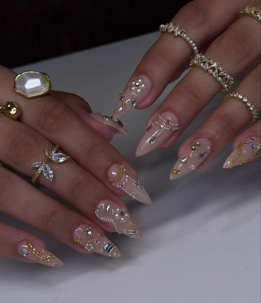 Handmade Pearl & Gold Drip Luxury Stiletto Press On Nails | Elegant Bridal White Pearl Fake Nails | 3D Crystal Wedding, Event Nail Gems