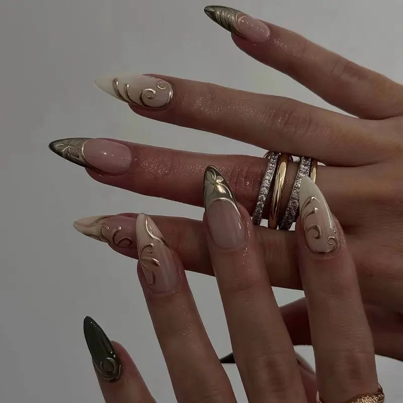 SHEDARES Elegant Swirl – Handmade Press-On Nails with Sculpted Gold Swirls & Sage Chrome Accents – Perfect for Weddings, Office Chic & Timeless Luxury