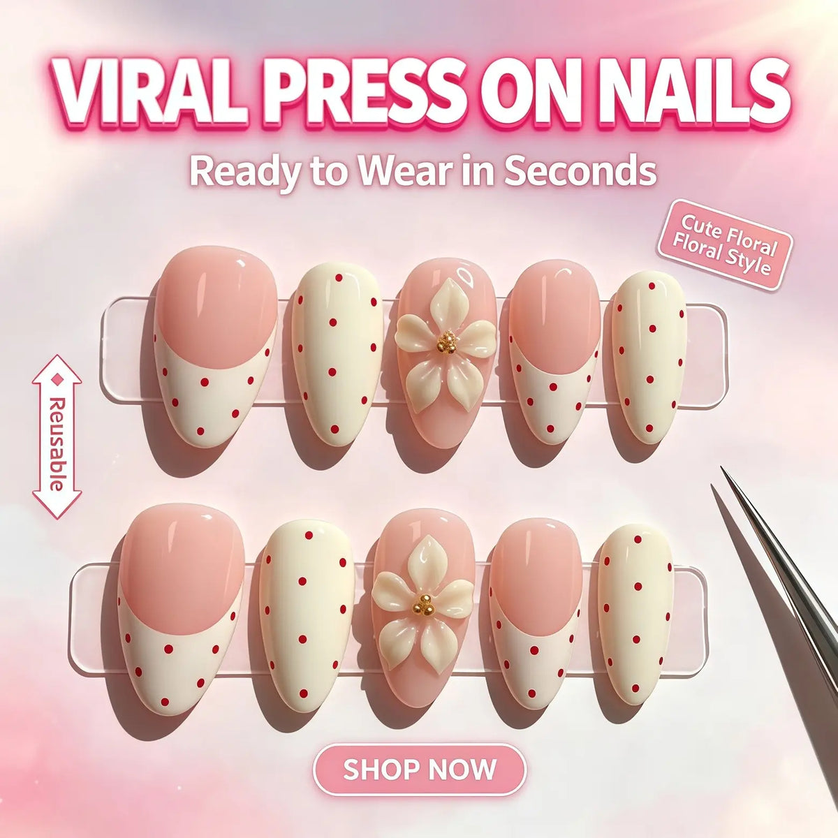 Salon-Quality Almond Fake Nails 30pcs, Polka Dot French Tip, 3D Flower Design, Reusable, Easy Application, No Nail Salon Needed for Women