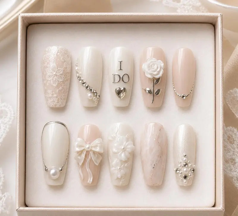 Luxury Bridal Wedding Press On Nails, I Do Nail Box Set with Pearl Flower Accent, Champagne Bride Nails, Bridal Shower Gift