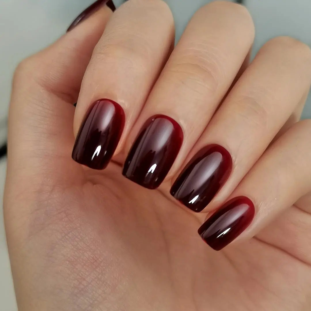CurvLife Wine Red Press On Nails | 30Pcs | Short Square Fake Nails | Summervibes | Glossy Solid Color Finish | Easy Apply, Comfortable & Durable | Daily, Business & Elegant Nail Art