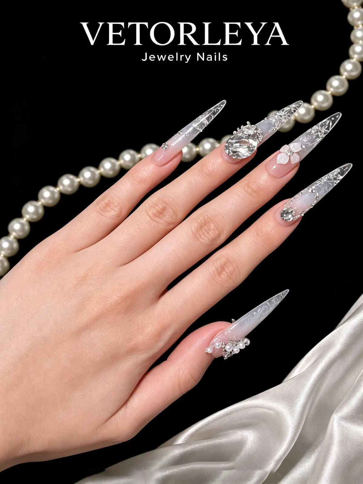 VETORLEYA Stiletto Press On Nails, Nude Clear Gradient 3D Bow Pearl Rhinestone Fake Nails，VDLYMJ29