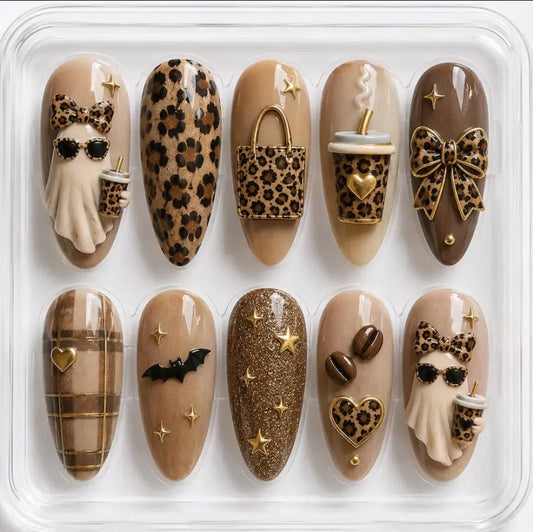 Luxury Halloween Press On Nail, 3D Coffee & Bow, Spooky Ghost Handmade, Leopard Trick Or Treat Day, Gif For Her