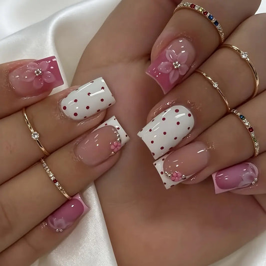 24Pcs Medium Square Sweet Press On Nails, 3D Fresh Gentle False Nails For Daily Wear Party, Comes With Jelly Glue & Nail File