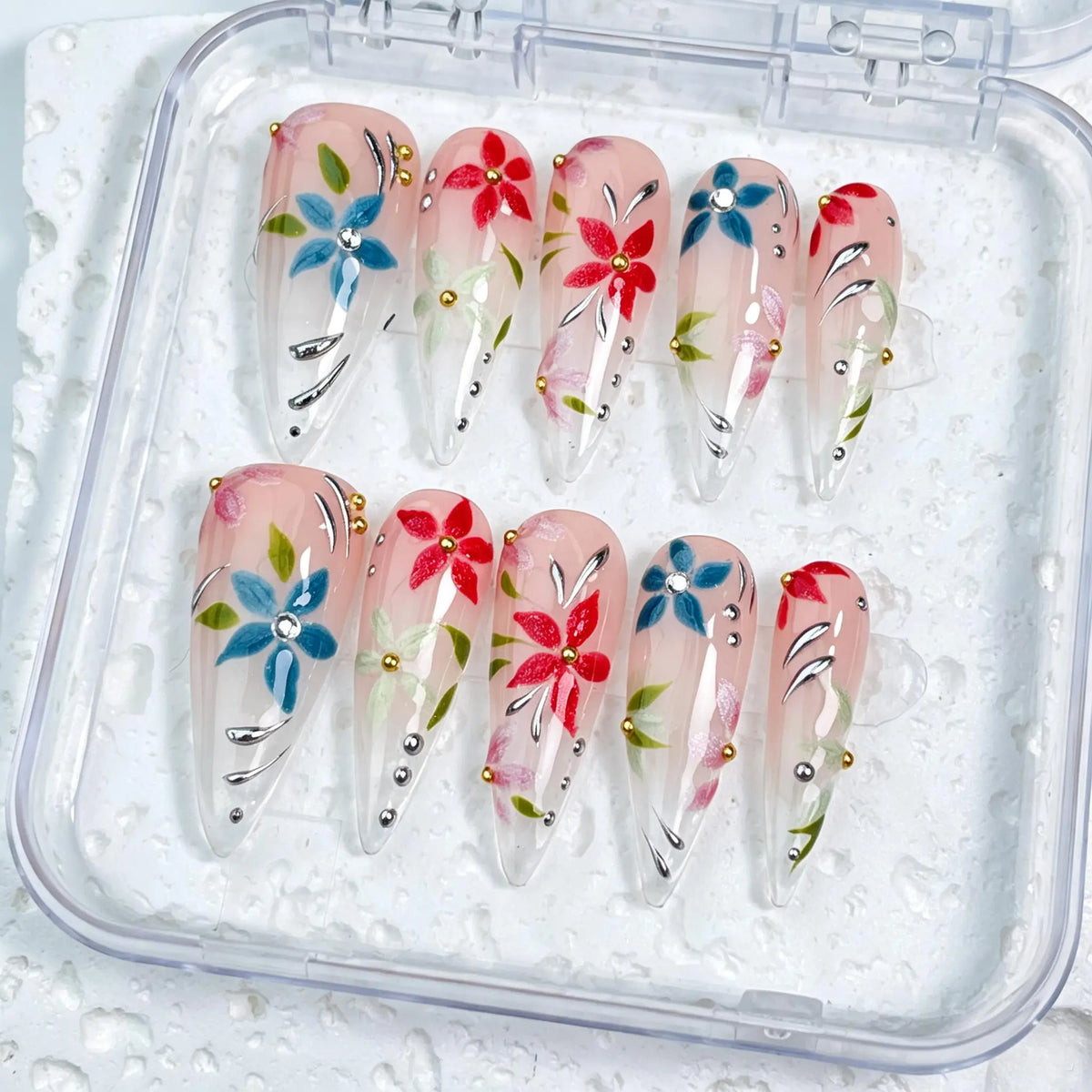 DivelleNails Handmade Press On Nails Collection 10pcs,Stiletto Nude Pink Gradient Nails,3D White Flower Gold Bangle Accent Blue Purple Heart Rhinestone,Reusable Acrylic False Nails