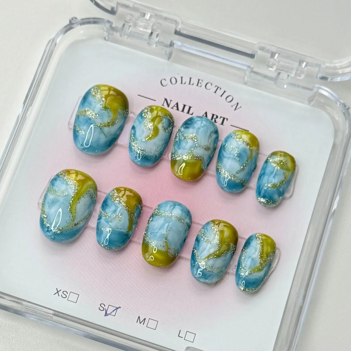 10Pcs Handmade Press On Nails Reusable Medium Handmade Acrylic Press Nails New Summer Collection, Cute Elegant Luxury Cat Eye Design, Ocean Inspired, High Quality Soft Sophisticated Look for Women Nail Art