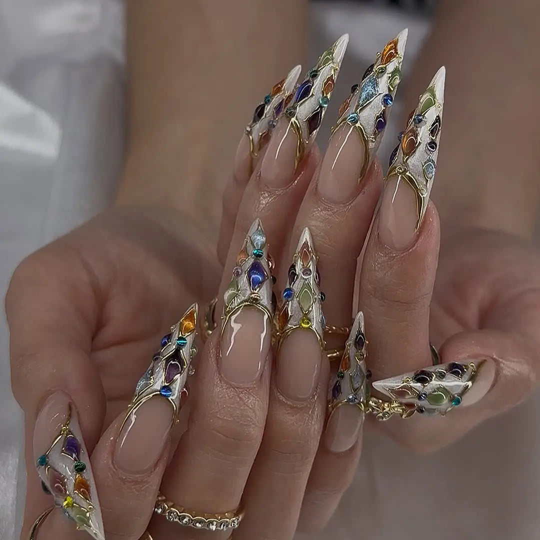 Crystal Armor Stiletto Press On Nails  Luxury Multicolor Gem Pointed False Nails