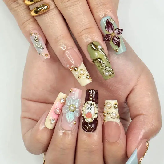 Elysian Romantic Press-On Nails – 3D Flowers, Gold & Pearl Details, Handmade Long Square Nails for Classic Elegance, Events and Gift For Her