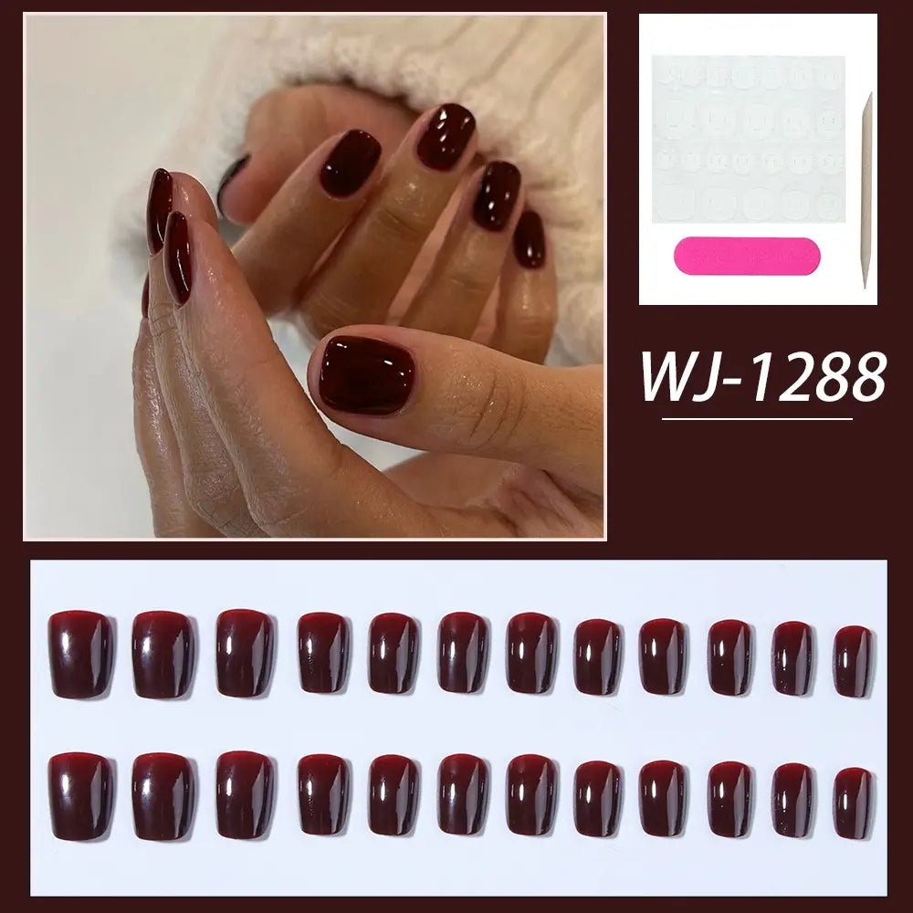24pcs Short Square French Press-On Nails, Nails Press Ons, Wine Simple High-End Style, Acrylic Glossy False Nails Set, Fake Nails for Women and Girls, French Nail Art