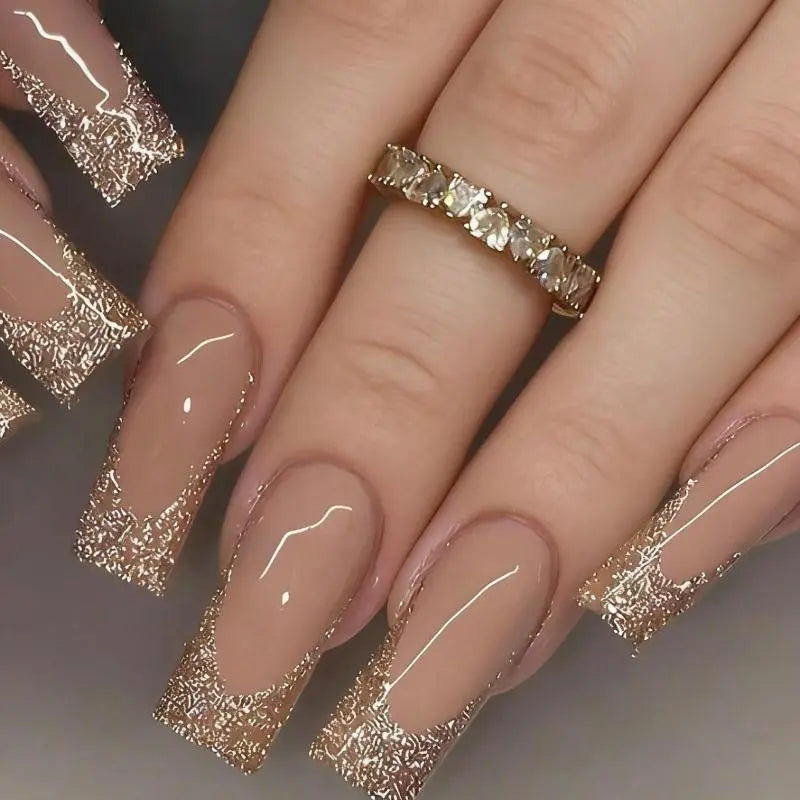 24Pcs Extra Long Golden Metallic French Press On Nails - Shiny Plastic Multi-Size False Nail Tips Set for Wedding Events, Casual Wear