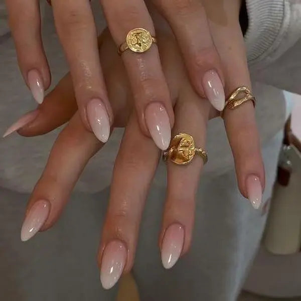 Milky Nude Ombre Press On Nails – 24 PCS Medium Almond Fake Nails, Glossy Gradient French Tip Style, Elegant Nude Pink Glue On Nails for Wedding, Date Night & Everyday Wear, Almond Shape Nails