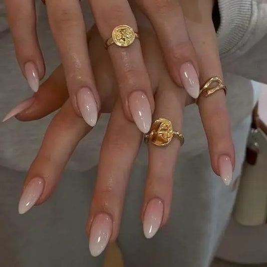 Milky Nude Ombre Press On Nails – 24 PCS Medium Almond Fake Nails, Glossy Gradient French Tip Style, Elegant Nude Pink Glue On Nails for Wedding, Date Night & Everyday Wear, Almond Shape Nails