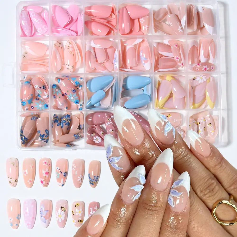 288pcs Long Almond Press-On Nails, False Nails, Decorative Nails, Floral Patterns Flower Cherry Blossom Bee Design, Includes Jelly Glue and Nail Files, Perfect for Parties and Daily Wear