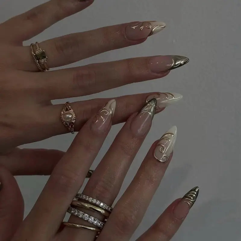 SHEDARES Elegant Swirl – Handmade Press-On Nails with Sculpted Gold Swirls & Sage Chrome Accents – Perfect for Weddings, Office Chic & Timeless Luxury
