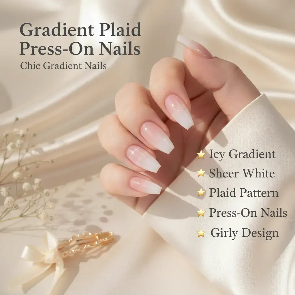 Gentle and sweet girly press-on nails featuring an icy, translucent gradient, sheer white, and plaid pattern.