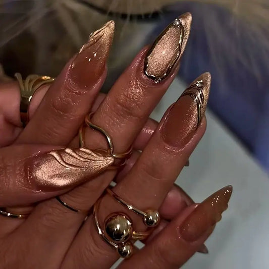 SHEDARES Bronze Luxe – Handmade Metallic Press-On Nails with 3D Carved Waves & Stud Accents – Parties, Dates, and Prom