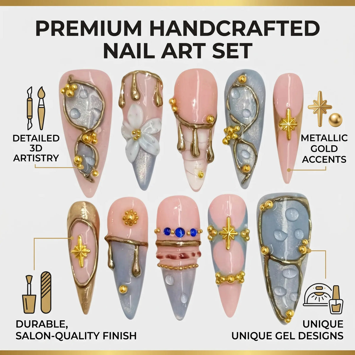 Angelcore Inspired Luxury Nail Art, Soft Pink Base with Ice Blue Chrome Effect, Gold Metal Details, Floral Texture and Elegant Minimal Design for Wedding Season, Fashion Events and Chic Everyday Looks