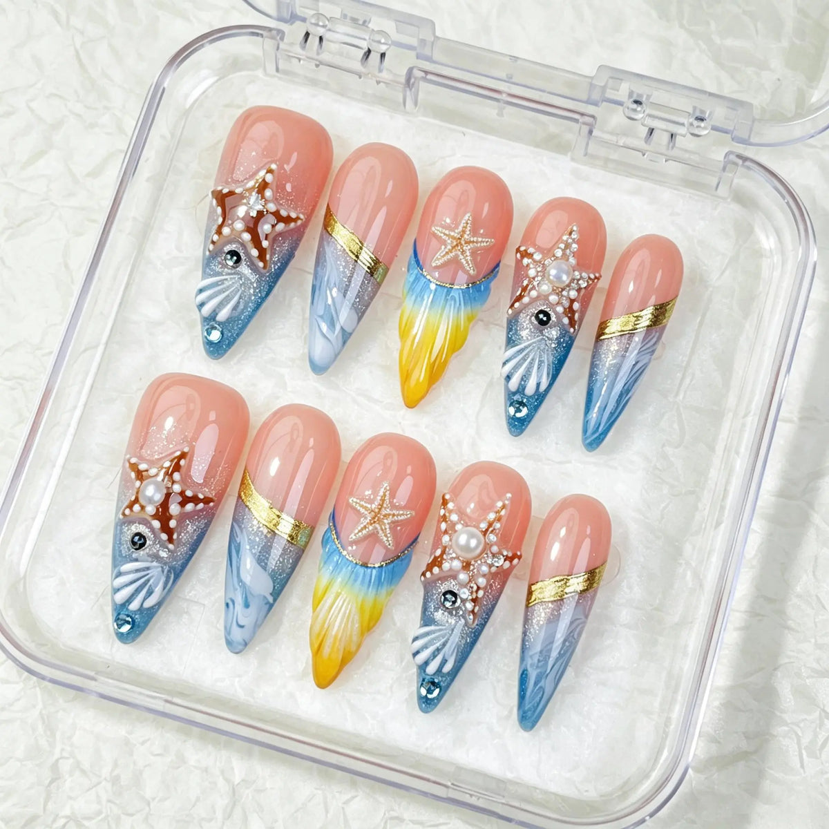 DivelleNails Handmade Press On Nails Collection 10pcs,Stiletto Nude Pink Gradient Nails,3D White Flower Gold Bangle Accent Blue Purple Heart Rhinestone,Reusable Acrylic False Nails